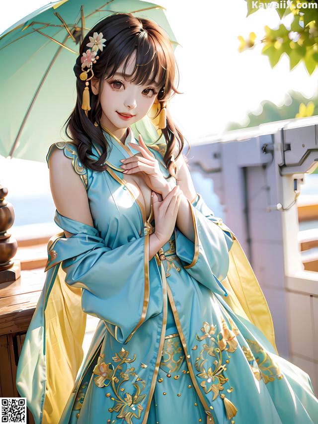 A woman in a blue and yellow dress holding an umbrella.