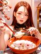 A woman holding chopsticks over a bowl of food.