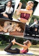 A collage of photos of a woman doing yoga in front of a car.