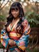 A woman in a colorful kimono posing for a picture.